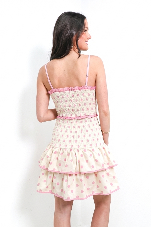 Strawberry Cream Smocked Polka Dress
