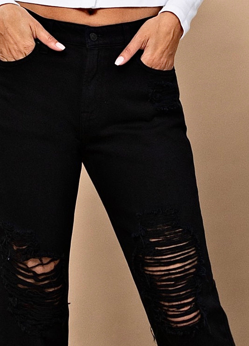 Bailey Black Cropped Distressd Boyfriend Jeans-Bottoms-KCoutureBoutique, women's boutique in Bossier City, Louisiana