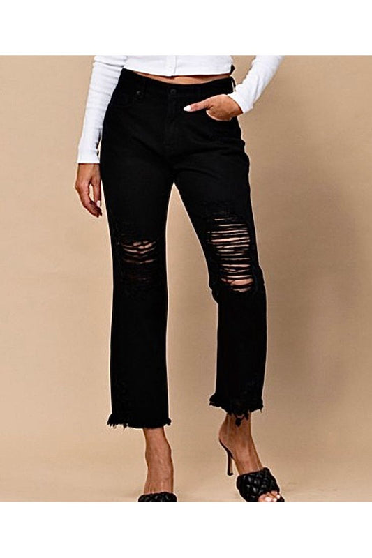 Bailey Black Cropped Distressd Boyfriend Jeans-Bottoms-KCoutureBoutique, women's boutique in Bossier City, Louisiana