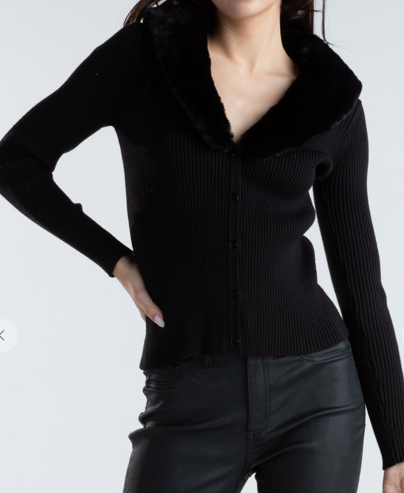 Black Knit Faux Fur Collar Jacket Top-Outerwear-KCoutureBoutique, women's boutique in Bossier City, Louisiana