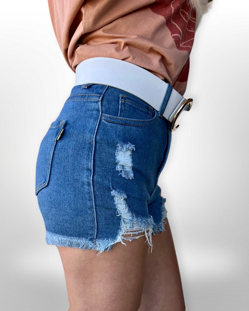 Distressed Vibrant Denim Shorts-Shorts-KCoutureBoutique, women's boutique in Bossier City, Louisiana