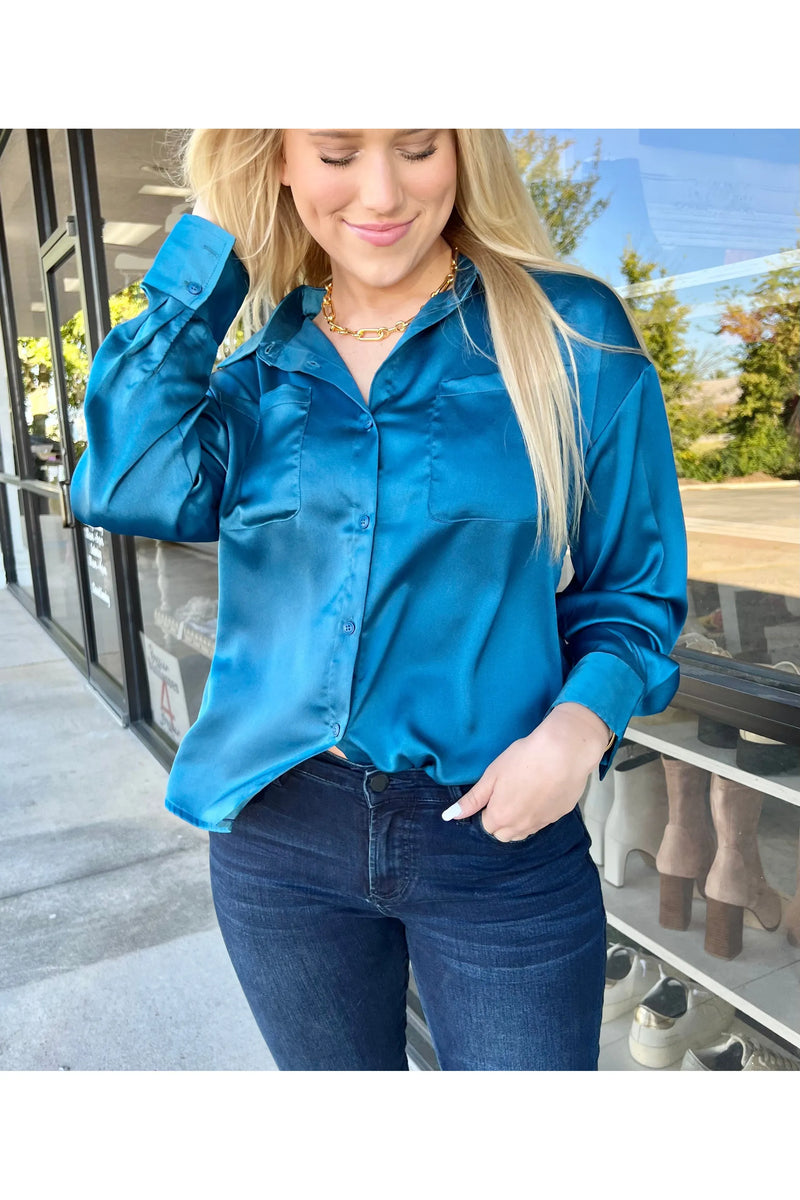 Blue satin top button up
