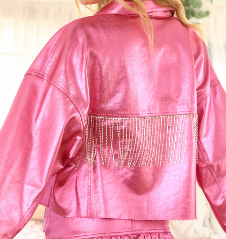 Go Barbie Fringe Rhinestone Metallic Jacket-Apparel & Accessories-KCoutureBoutique, women's boutique in Bossier City, Louisiana