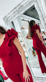 Lucette Red Ruffled One Shoulder Jumpsuit-Jumpsuits-KCoutureBoutique, women's boutique in Bossier City, Louisiana