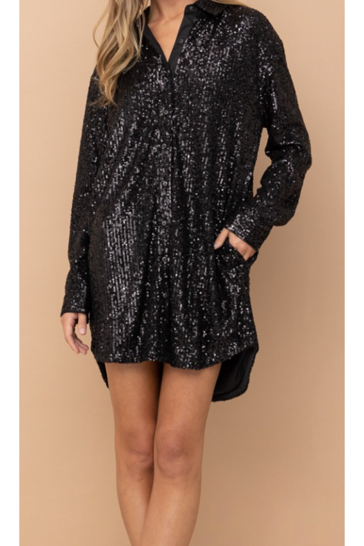 Night Life Sequin Button Down Dress-Apparel & Accessories-KCoutureBoutique, women's boutique in Bossier City, Louisiana