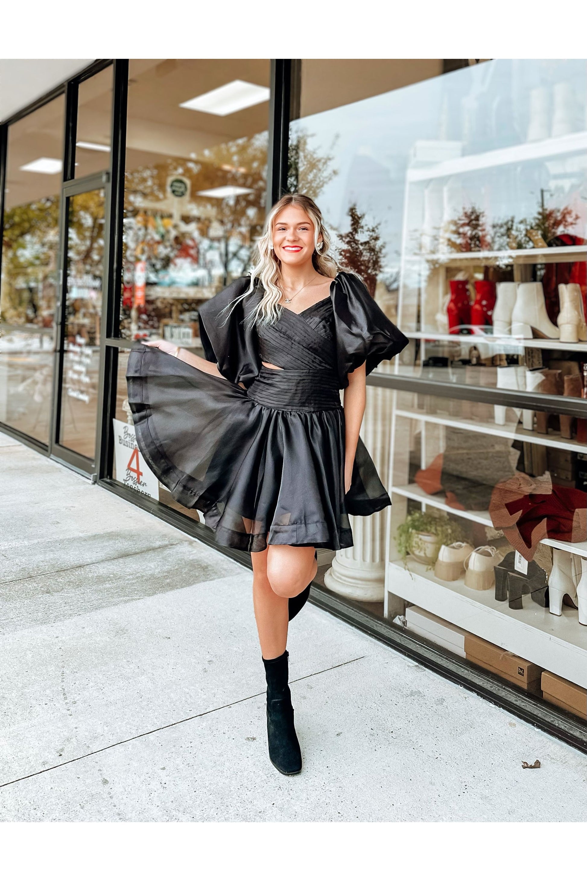 Pleated Organza Cut Out Puff Sleeve Mini Dress Pleated Organza Cut Out Puff Sleeve Mini Dress