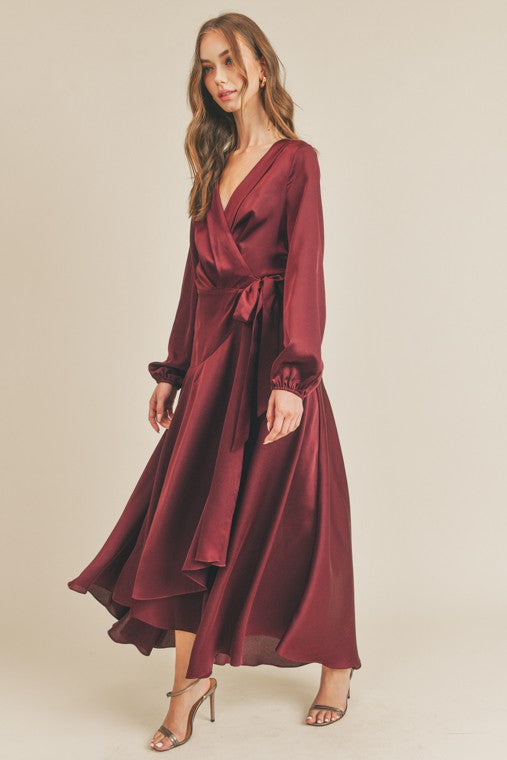 Red Satin Long Sleeve Maxi Wrap Dress