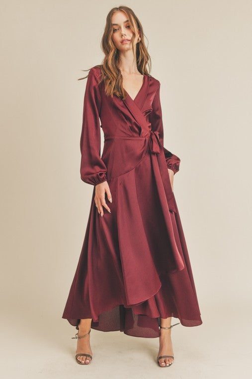 Pour Me A Glass Satin Maxi Wrap Dress-Dresses-KCoutureBoutique, women's boutique in Bossier City, Louisiana