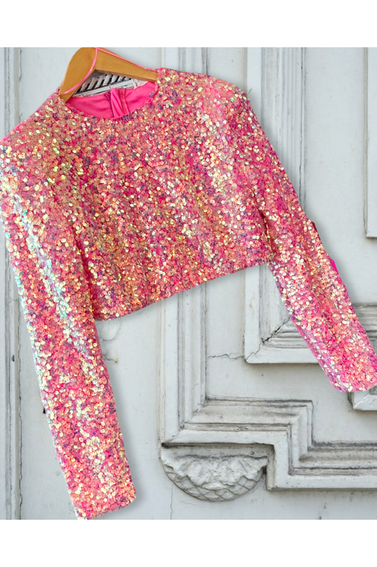 Shine All Night Pink Sequin Cropped Top-Apparel & Accessories-KCoutureBoutique, women's boutique in Bossier City, Louisiana