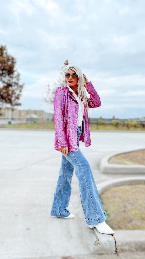Showstopper Pink Sequin Blazer Jacket-Tops-KCoutureBoutique, women's boutique in Bossier City, Louisiana