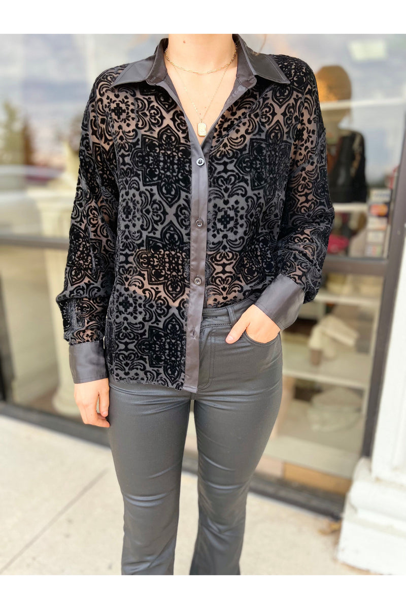 Velvet In Black Button Down Blouse Top-Tops-KCoutureBoutique, women's boutique in Bossier City, Louisiana