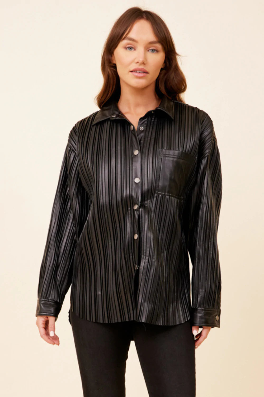 Vintage Havana Faux Leather Pleated Shacket-Outerwear-KCoutureBoutique, women's boutique in Bossier City, Louisiana