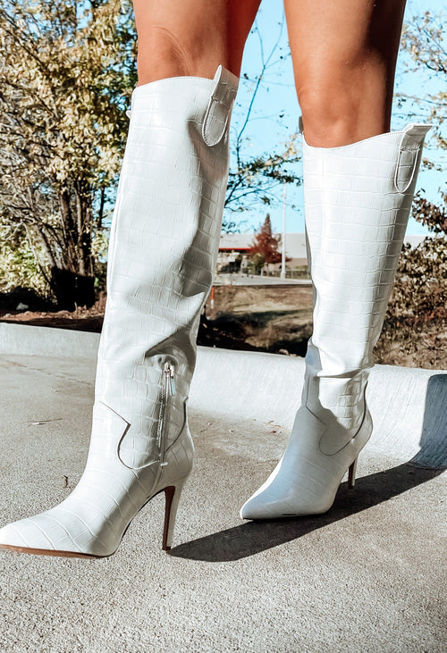 White Zelda Croco Knees High Boots-KCoutureBoutique, women's boutique in Bossier City, Louisiana